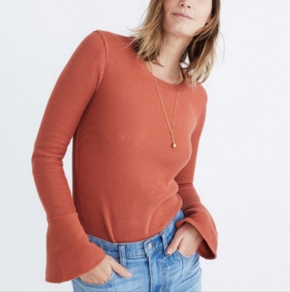 Madewell Ruffle Cuff Ribbed Top Burnt Orange